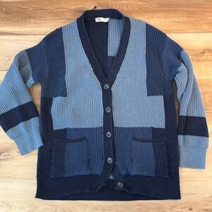 Zara Mens Colorblock Patchwork Chunky Knit Cardigan Sweater Blue Small